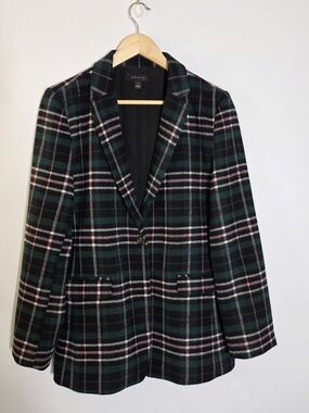 Ann Taylor Greenwich Plaid Career wool blend Blazer Green/pink/white Size 10